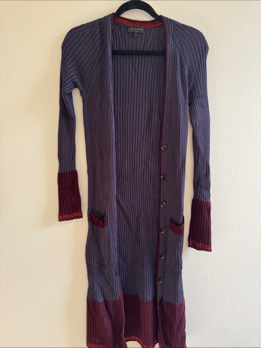 rag & bone Long Ribbed Button-Front Cardigan in Purple and Burgundy